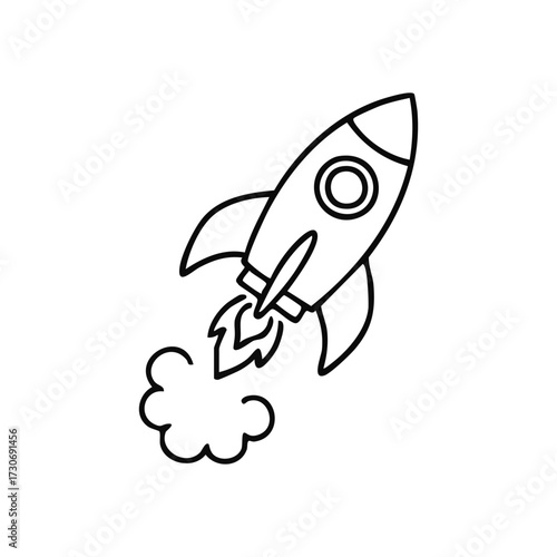 Rocket Launch Startup Growth. A sleek outline graphic of a spacecraft igniting, representing forward momentum, business startup, rapid progress, and future achievements.