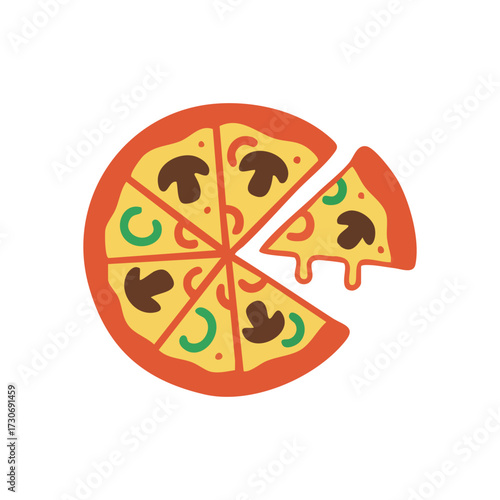 Tasty Pizza Slice Cartoon Art. Bright culinary design shows an appetizing cheesy meal with savory fungi and verdant vegetable pieces. One portion lifts, symbolizing enjoyment and sharing.