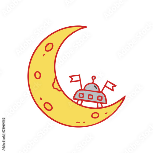 Whimsical Spaceship on Crescent Moon. A charming doodle of a lunar vehicle exploring the night celestial body. Symbolizes childhood dreams, space adventure, and imaginative discovery.