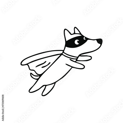 Playful Superdog Taking Off. An adorable animal character wearing a mask and cape, soaring through the air. Represents innocence, imagination, and aspirational fun.