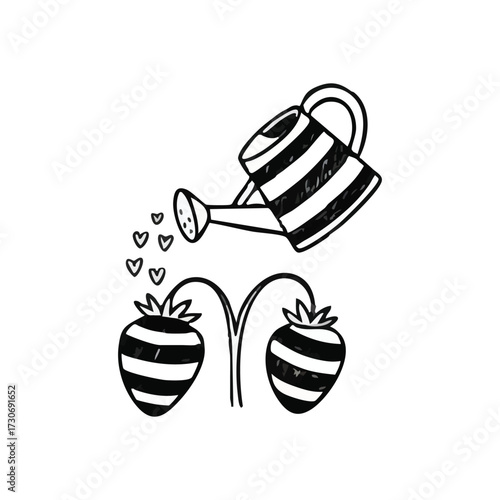 Nurturing Hearts Watering Strawberries. A charming doodle shows a striped watering vessel showering affection as heart shapes cultivate sweet berries. Symbolizes love's gentle care and flourishing.