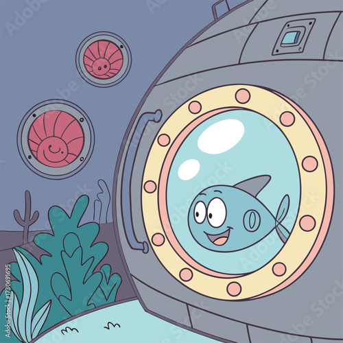 Whimsical fish peeks through submarine porthole in underwater scene with coral and bubbles isolated on transparent background