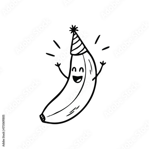 Happy Party Banana Character. A delightful fruit illustration depicting a cheerful individual in a festive cone hat. This design radiates pure joy and celebration, perfect for fun occasions.