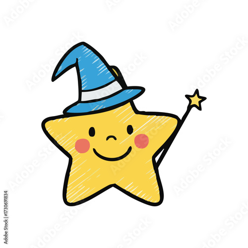 Happy Star Wizard Character. A cheerful celestial figure wearing a blue pointy cap, holding a sparkling rod. This charming doodle evokes childlike wonder and dreams.
