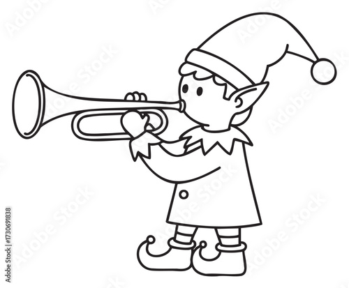 Cartoon elf playing trumpet in festive hat coloring page for kids - stock vector