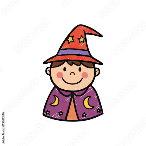 Cute Child Wizard Doodle. A happy kid in a magical costume with a pointed hat and starry cloak, symbolizing wonder and youthful imagination.