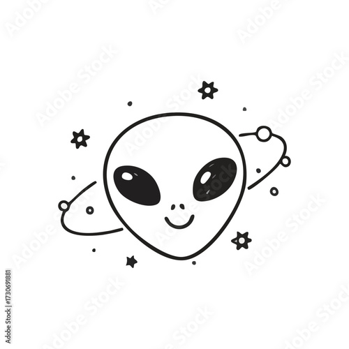 Friendly Alien Face Cosmic Doodle. This charming otherworldly being with a pleasant expression floats amidst stellar elements. It represents imagination, discovery, and universal wonder.