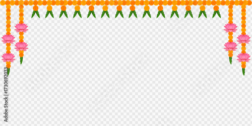 Marigold, Dhanteras. Marigold Flower. Garlands Decoration, Durga Puja, Onam. Vector marigold. Karwa Chauth. Garlands Decor, Durga Puja Sale, Frame. Ganesh Chaturthi, Border, Navratri. Saraswati puja, 