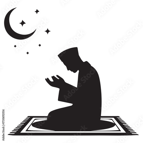 Silhouette of a muslim man praying on a prayer rug under a crescent moon and stars at night