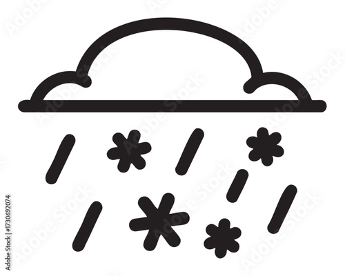 Simplified icon of cloud with snowflakes and lines representing snowfall - stock vector