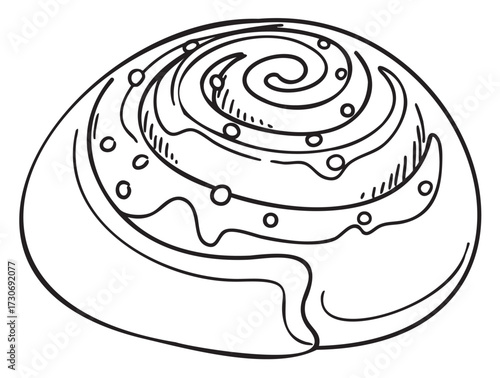 Black and white cinnamon roll illustration with swirl and icing details - stock vector
