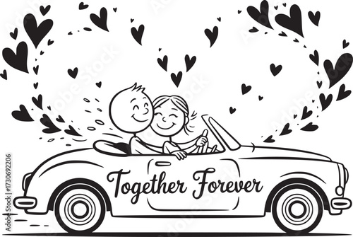 Together Forever Romantic Car Ride: A loving couple, joyfully embracing within a classic convertible, embarks on a journey together. The image is a symbol of love and unity.