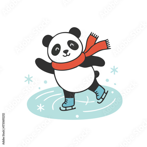 Joyful Panda Ice Skating. A cheerful bear glides across a frosty rink, wearing a warm scarf. This illustration embodies winter delight and playful spirit.