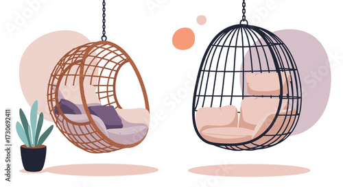 Two stylish hanging egg chairs with comfortable cushions and abstract decor elements.