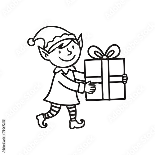 Jolly Elf Delivering Festive Package. A merry holiday creature with pointed ears carries a beautifully wrapped present. This illustration embodies the spirit of giving, joy, and seasonal cheer.
