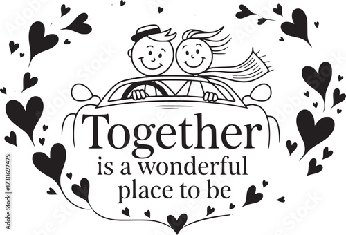Couple's Love Journey: A whimsical illustration captures a couple's journey together. Joyful figures, surrounded by hearts, journeying into a wonderful place, symbolize their loving bond.