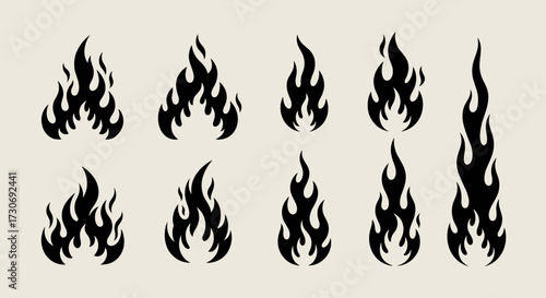 A collection of stylized black flame icons on a cream background.