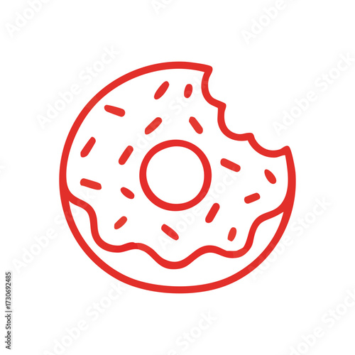 Sweet Bitten Donut Icon Red. A delicious pastry graphic, partially consumed, captures the joy of a quick bite, symbolizing craving and pure indulgence.