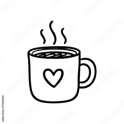 Steaming Mug with Heart Doodle. This hand-drawn outline of a hot beverage vessel features a loving symbol. It conveys cozy comfort, warmth, and delightful moments.