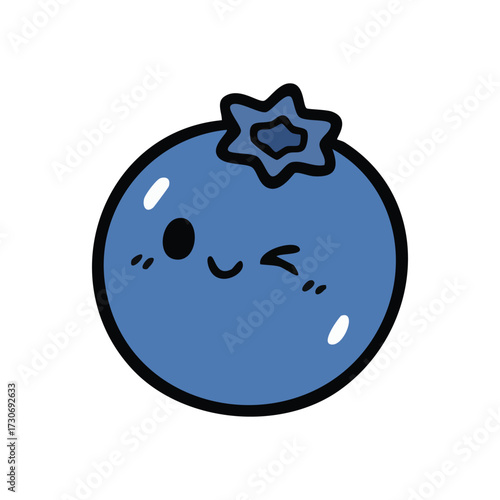 Happy Blueberry Cartoon Wink. This adorable indigo fruit illustration features a playful facial expression. A delightful berry symbolizing health and cheerful energy.