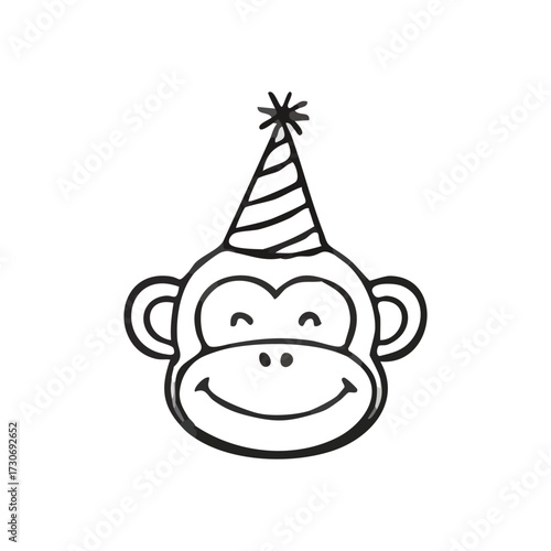 Happy Monkey Party Head. A joyful primate illustration sporting a festive cone hat, symbolizing merriment and special occasions. Ideal for kids.