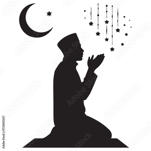Silhouette of a muslim man praying on his knees under a crescent moon and stars during a spiritual night time observance