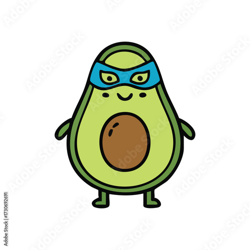 Superhero Avocado Cartoon Character. A vibrant green fruit illustration sports a blue mask, embodying a healthy hero with a cheerful, playful spirit.