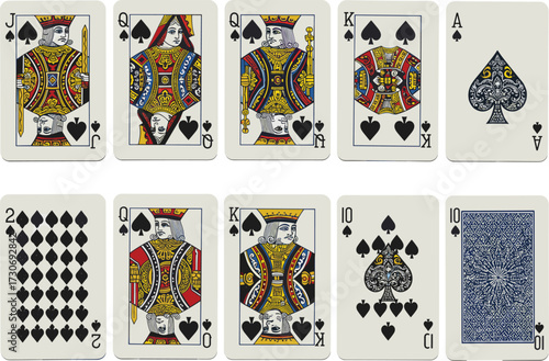 Collection of Spade Suit Playing Cards Vector Illustration, Including Ace, King, Queen, Jack, and Numbered Cards, for Casino, Gaming, and Gambling Graphics