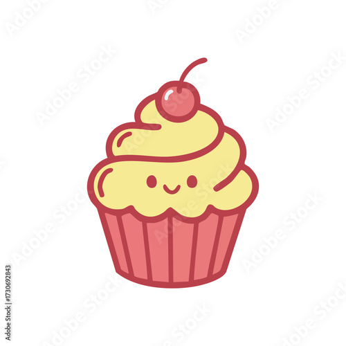 Cute Cartoon Cupcake with Cherry. Adorable confectionery illustration featuring a happy dessert with creamy icing and a red fruit garnish. This sweet treat symbolizes delight and celebration.