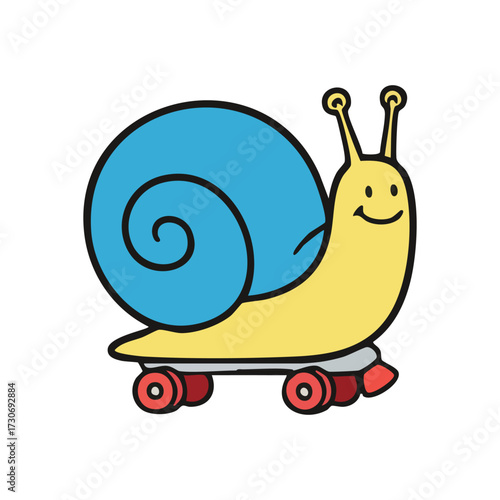 Happy Snail on Roller Skates Cartoon. This cheerful gastropod enjoys swift movement on wheels. A delightful emblem of overcoming limits and unexpected swiftness, radiating pure joy.
