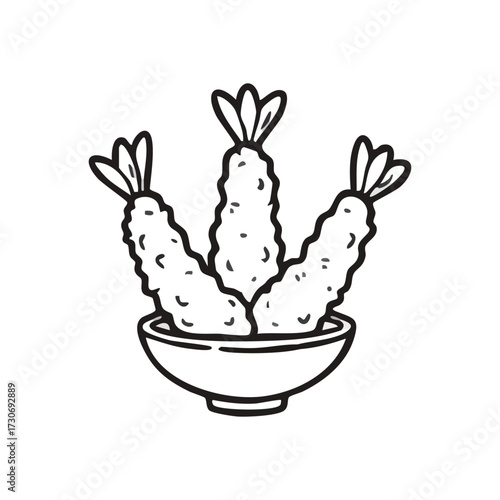 Japanese Tempura Food Illustration. Minimalist artwork of delectable deep fried crustaceans served in a small dish. This graphic evokes the essence of Asian cuisine, symbolizing a quick, satisfying.