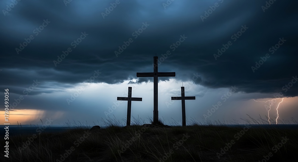 Naklejka premium Religious Crosses Under Stormy Sky.