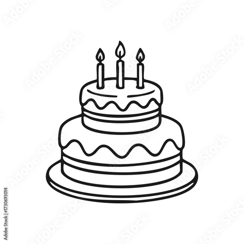 Birthday Cake with Candles Drawing. Hand drawn layered dessert featuring three lit wicks, symbolizing joyous celebrations and memorable occasions. Perfect for festive themes.