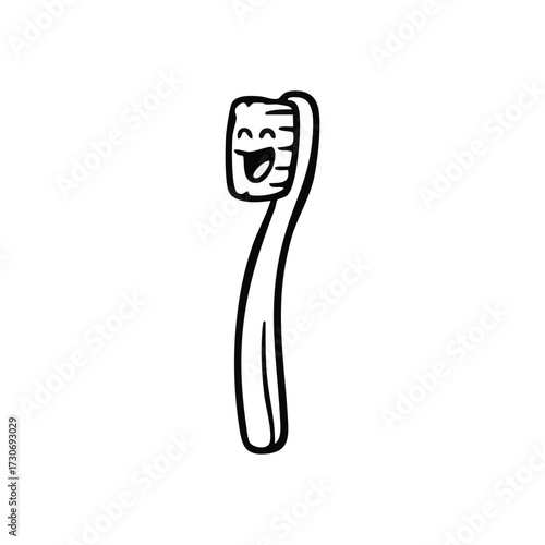 Happy Cartoon Toothbrush Illustration. Cheerful animated dental cleansing device promoting excellent oral hygiene. This charming care implement signifies healthy smiles and daily dental rituals.