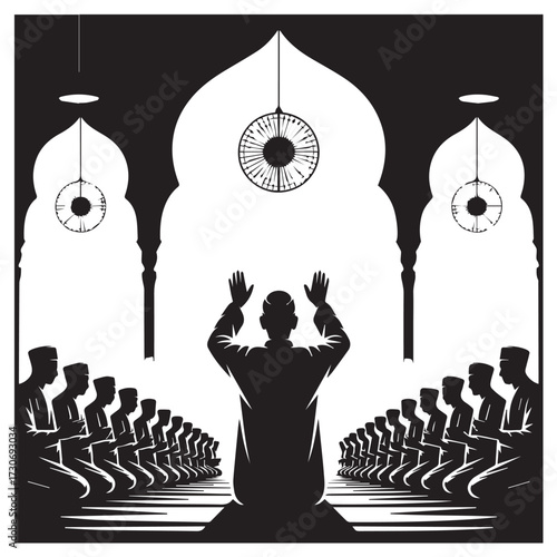 Silhouette of a muslim man praying with arms raised in a mosque with rows of worshippers kneeling behind him during worship
