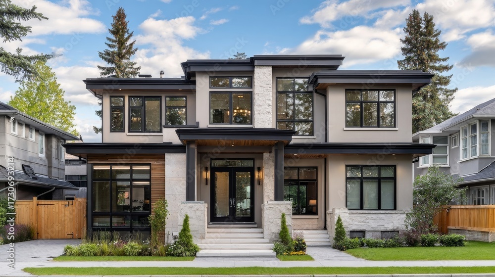 Fototapeta premium A modern two-story detached house featuring beige brick and wood paneling, large windows,