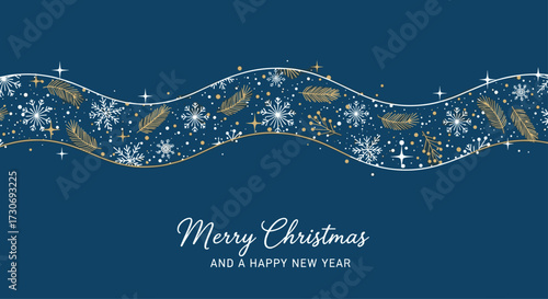 Elegant Merry Christmas greeting card design with festive snowflakes and pine branches on a deep blue background for holiday season promotions and events