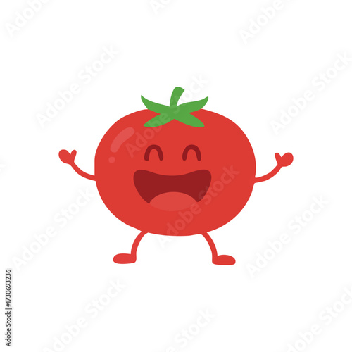 Cheerful Red Tomato Mascot Illustration. This delightful, vibrant vegetable icon presents a joyful face and small arms. It embodies healthy eating, fresh produce, and a truly happy feeling.