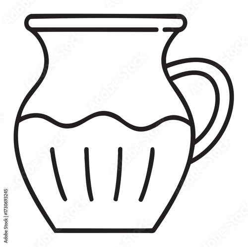 Black and white line art of a decorative ceramic pitcher - stock vector