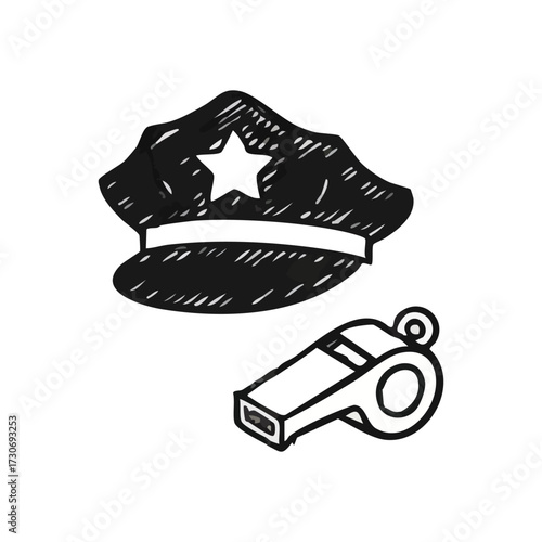 Officer Cap and Whistle Drawing. A simple sketch depicts a law enforcer's headwear and signaling tool. It represents authority, safety, rules, and guidance for community order.