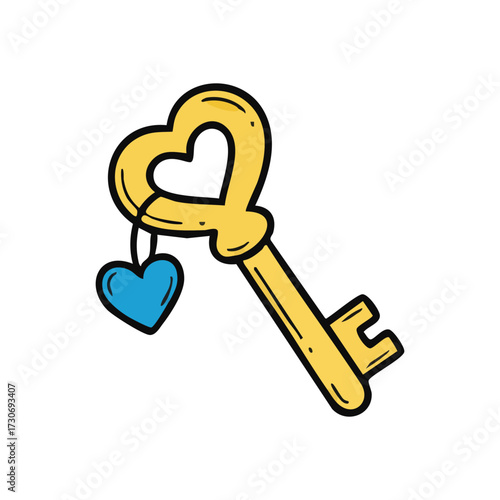 Charming Gold Heart Lock Opener. This playful doodle shows a beautiful love symbol with a blue jewel. It represents unlocking affection, discovery, or finding happiness.