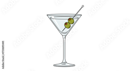 A classic clear martini garnished with two green olives on a cocktail pick rests elegantly in a martini glass.