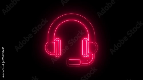Outline neon headphones icon. Glowing neon headset frame with music note sign, listen sound podcast. Icon background is black