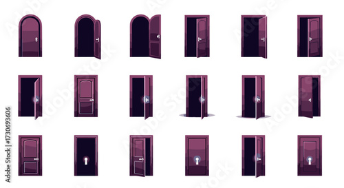 A diverse collection of modern interior doors in varying open and closed states featuring glowing light effects.