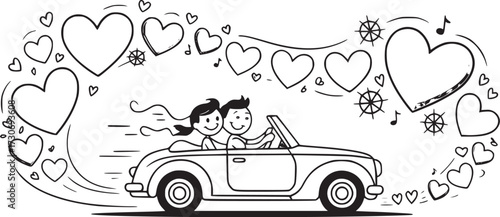 Love in Motion: A line art depiction of a couple embarking on their romantic journey in a classic convertible, surrounded by hearts and musical notes.
