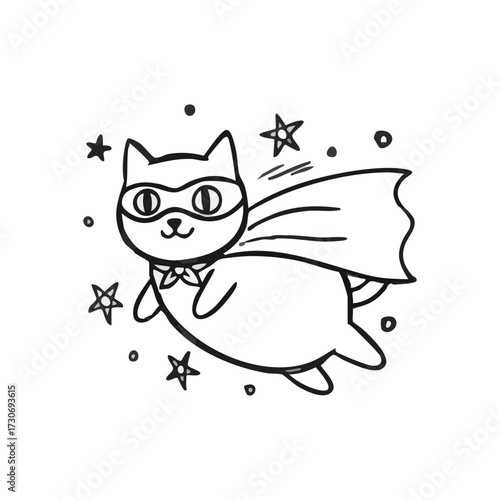 Brave Super Cat Flying Doodle Art. This heroic feline illustration portrays a courageous kitten wearing a mask and flowing cloak. It symbolizes adventure, spirited play, and imagination.
