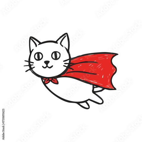 Heroic White Cat Wearing Red Cloak. Adorable animated kitten soars with a crimson mantle and petite bow, embodying valor, imagination, and youthful delight.