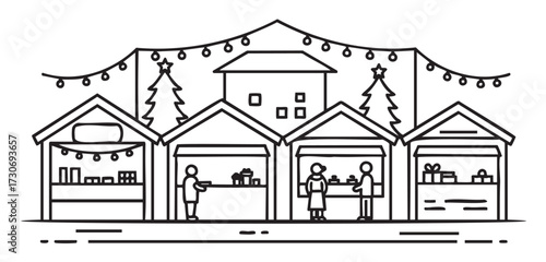 Festive christmas market stalls with decorated trees and lights - stock vector