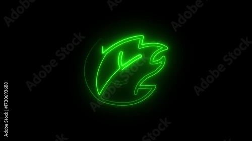 Glowing green Neon Leaf Symbol Yin Yang Abstract on black Background Motion Graphic