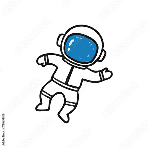 Cute Space Explorer Character Art. Minimalist drawing of a cosmonaut gently drifting. Represents youthful imagination, boundless adventure, and scientific discovery.